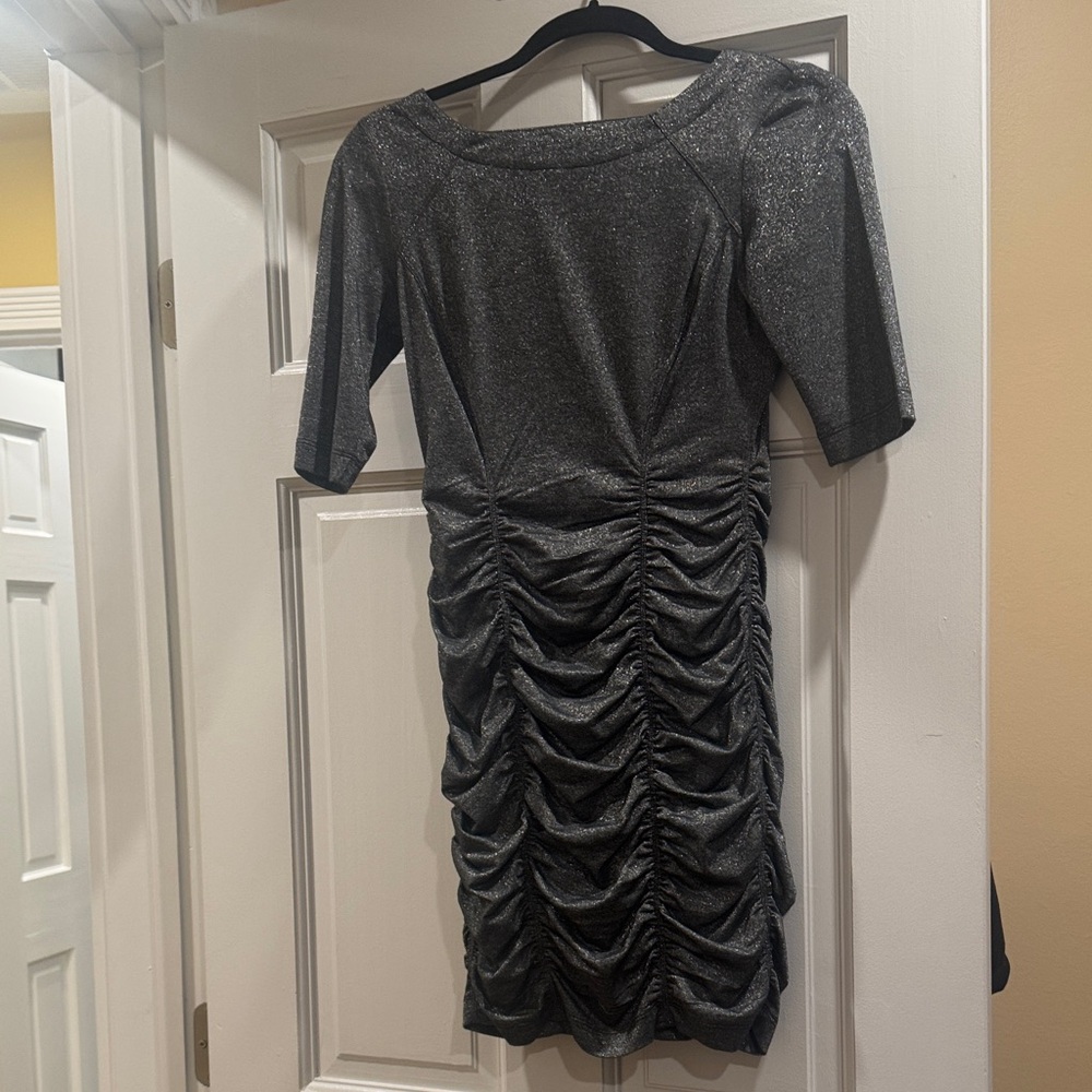 BCBGeneration Shimmering Silver/grey Ruched Dress size XS with tags. Never worn.